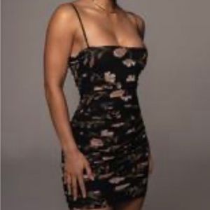 JLUXLABEL ruched floral mesh mini dress